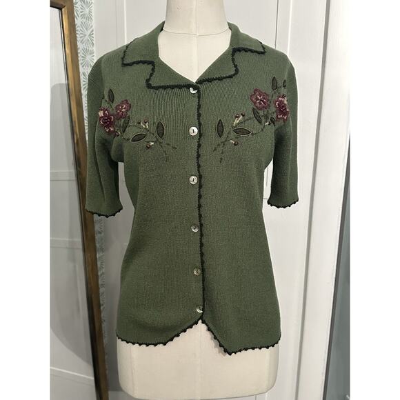 Vintage Koret Womens Green Knitted Cardigan Embroidered Flowers Size Petite Sm - Picture 1 of 11
